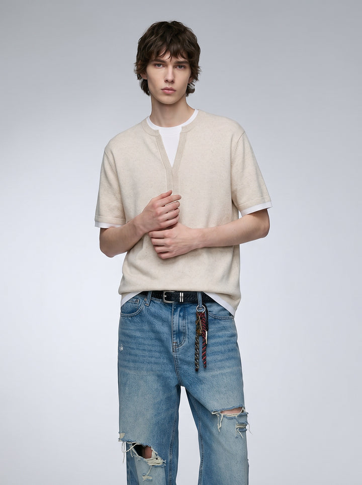 V-neck splicing fake two-piece knitted linen short-sleeved T-shirt top