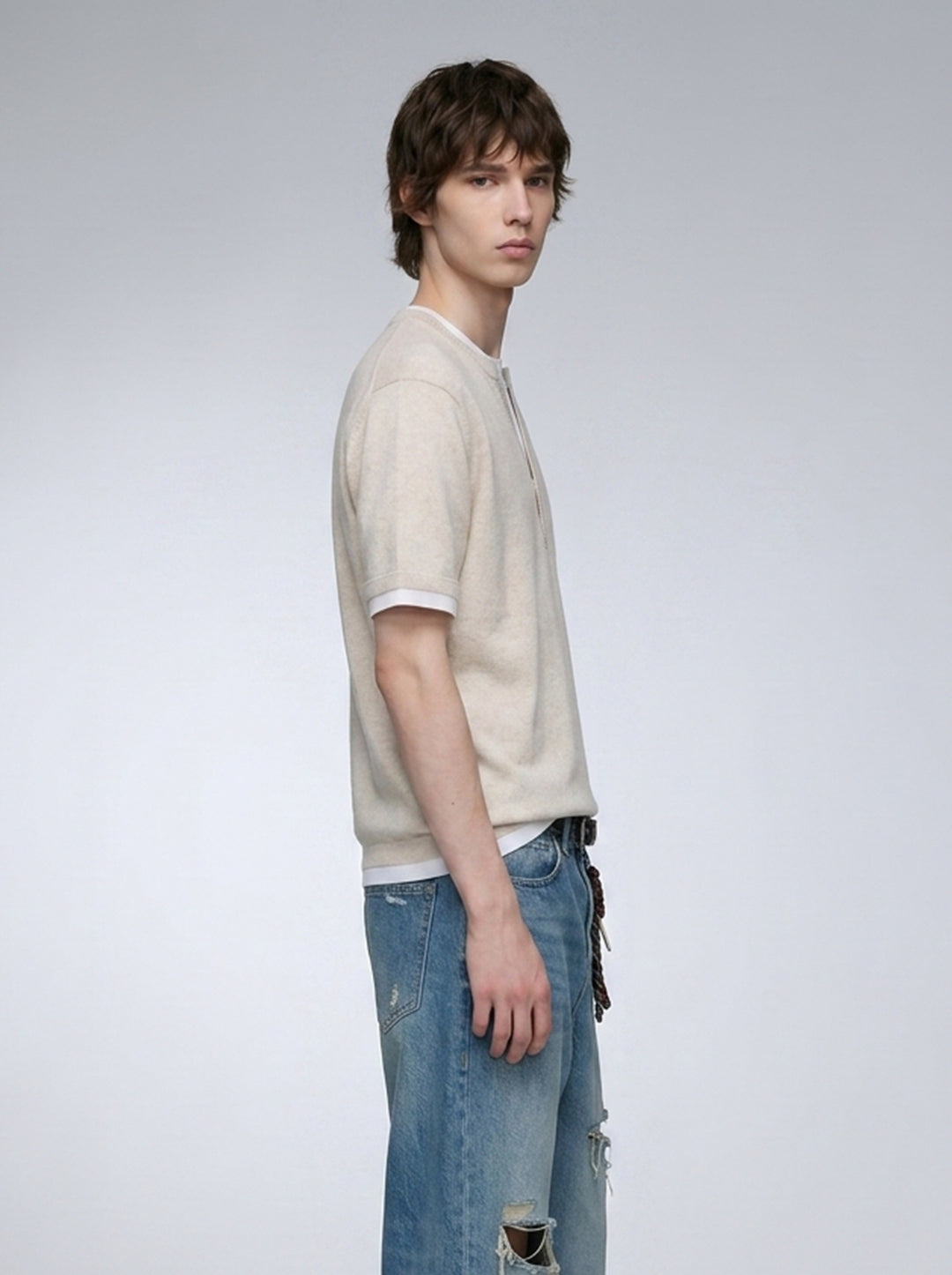 V-neck splicing fake two-piece knitted linen short-sleeved T-shirt top