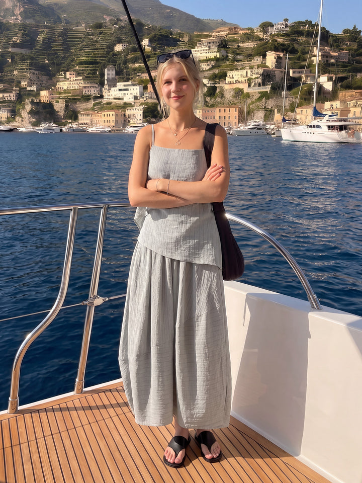 Striped Cotton Linen Balloon Maxi Skirt with Elastic Waist and Oversized Hem