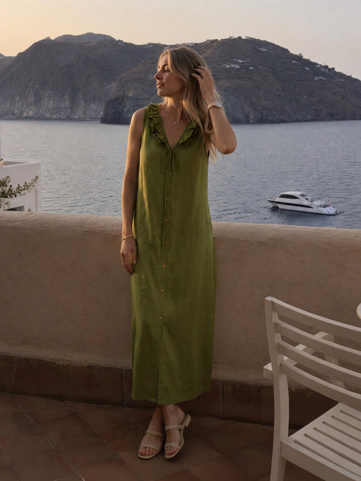 Ruffle-Trim V-Neck Sleeveless Straight Dress
