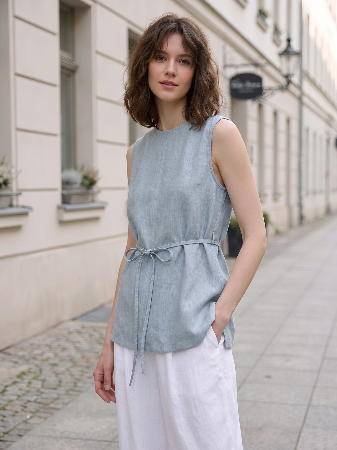 Effortless Pure Linen Sleeveless Tunic — Yarn-Dyed Mid-Length Vest with Self-Tie Waist &amp; Side Slits