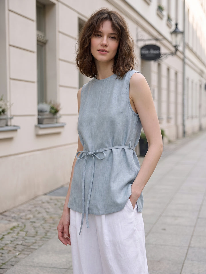 Effortless Pure Linen Sleeveless Tunic — Yarn-Dyed Mid-Length Vest with Self-Tie Waist &amp; Side Slits
