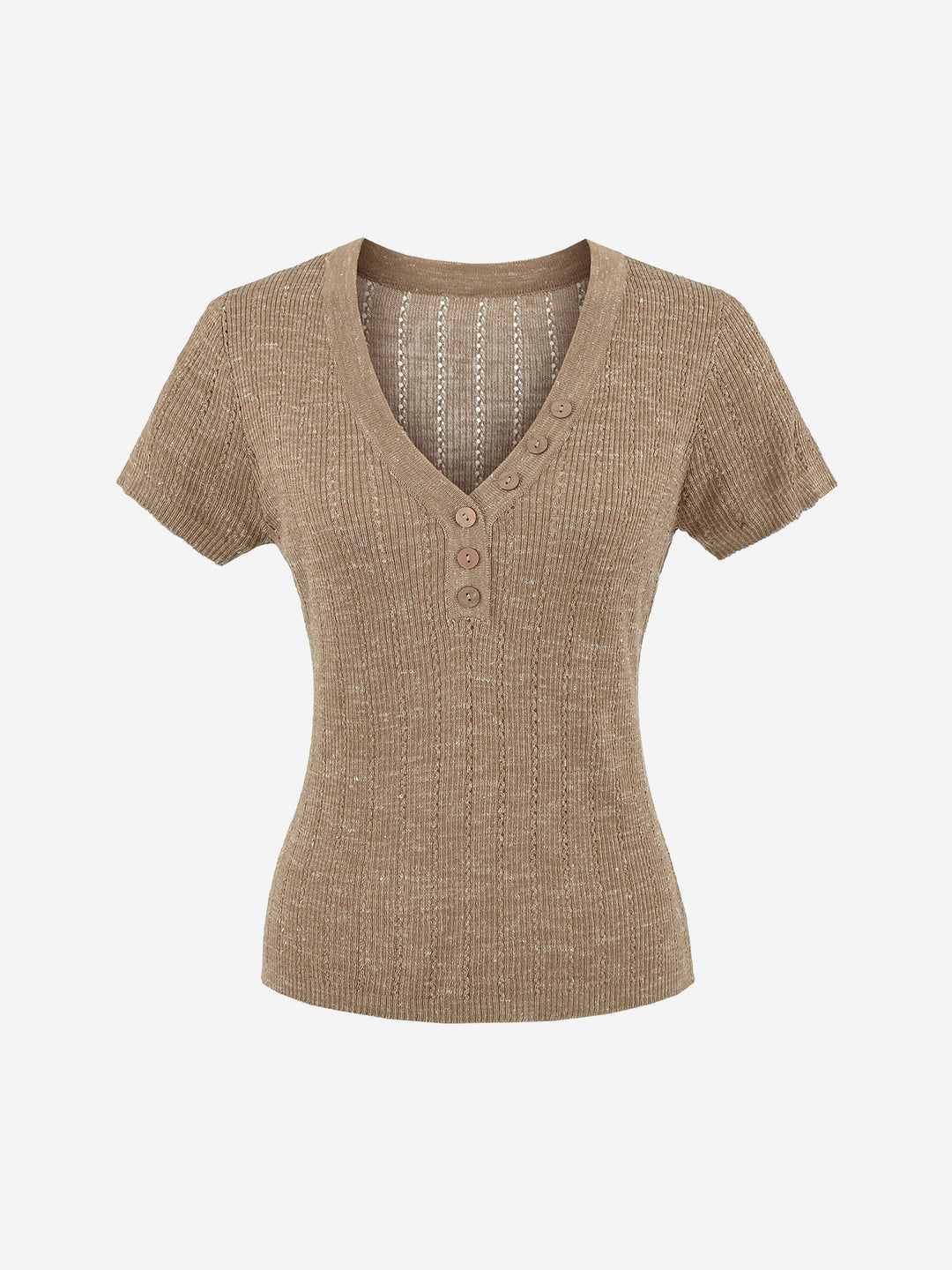 Damen Henley V-Ausschnitt Kurzarm-Strickoberteil