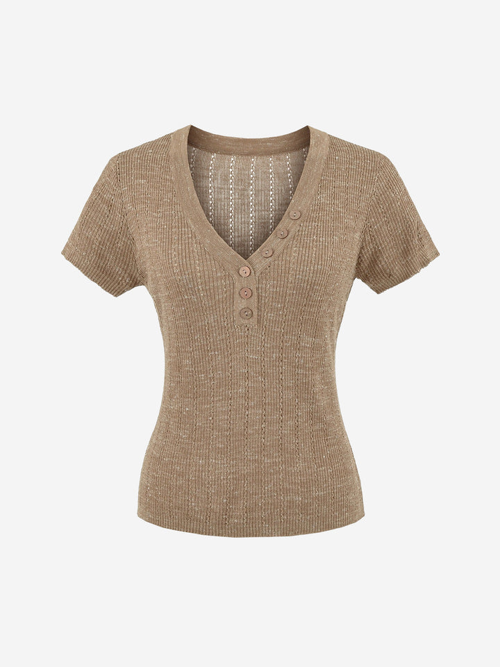 Damen Henley V-Ausschnitt Kurzarm-Strickoberteil