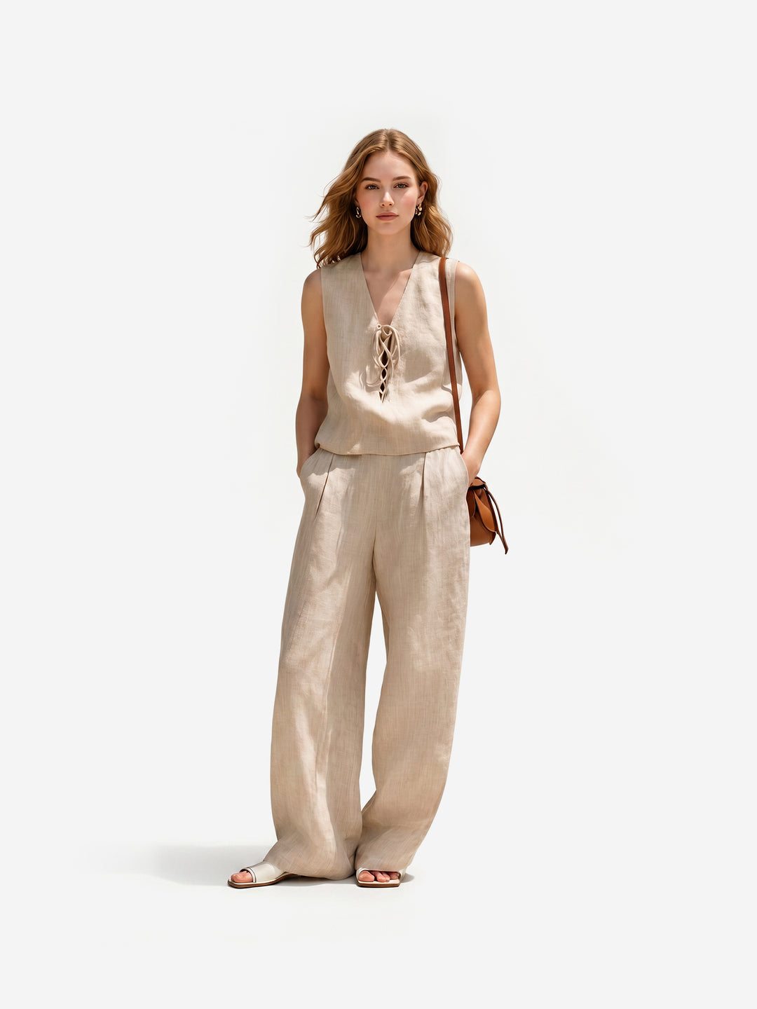 Mühelose Sommerbrise: Das Leinen-Look Hose-mit-Bindegürtel Set