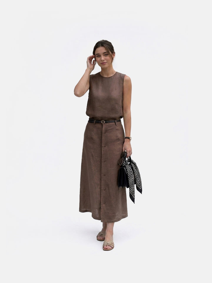 Linen Textured Crew Neck Sleeveless Top Button Front A Line Midi Skirt Two Piece Set