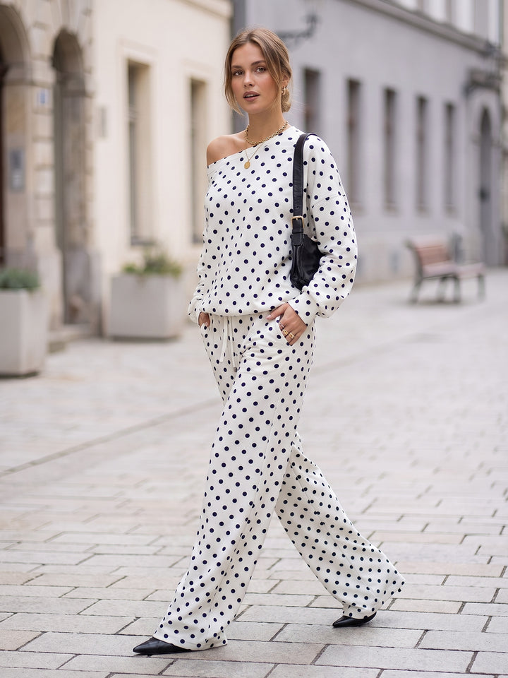 Retro Polka Dot Off-Shoulder Lounge Set — Long Sleeve Asymmetric Top &amp; Wide-Leg Drawstring Pants