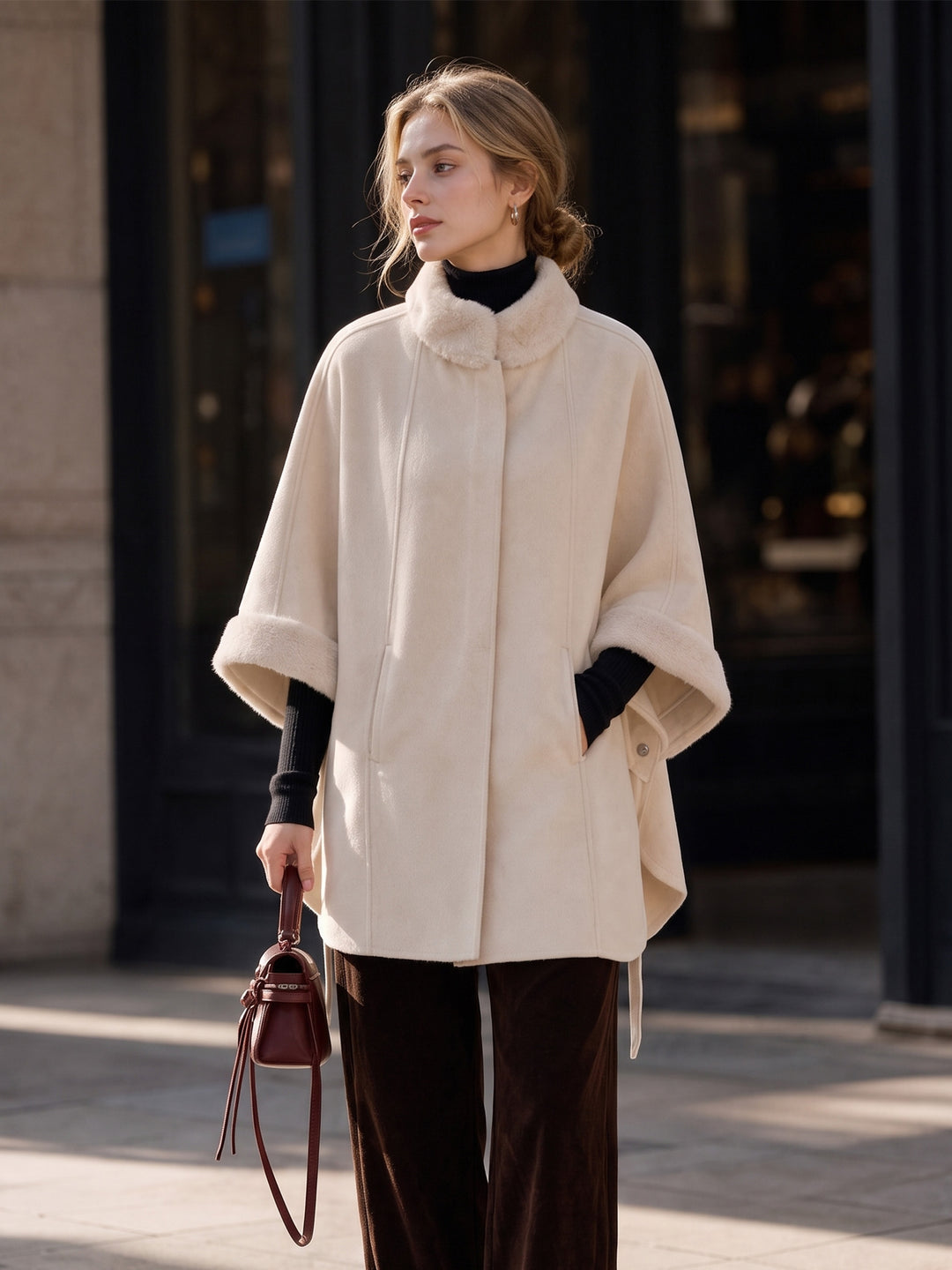100% Cashmere Double-Sided Cape Coat with Mink Collar