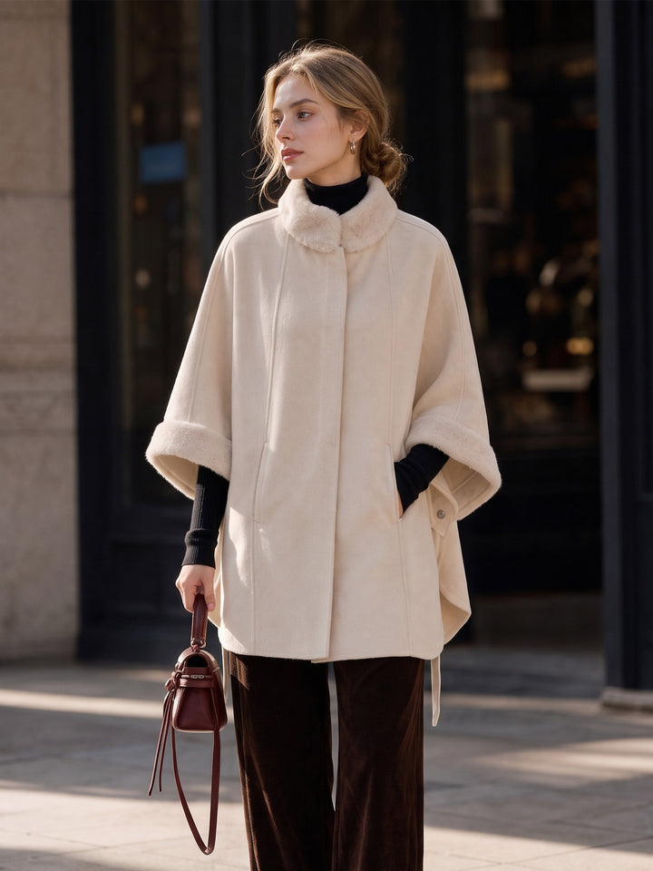 100% Cashmere Double-Sided Cape Coat with Mink Collar