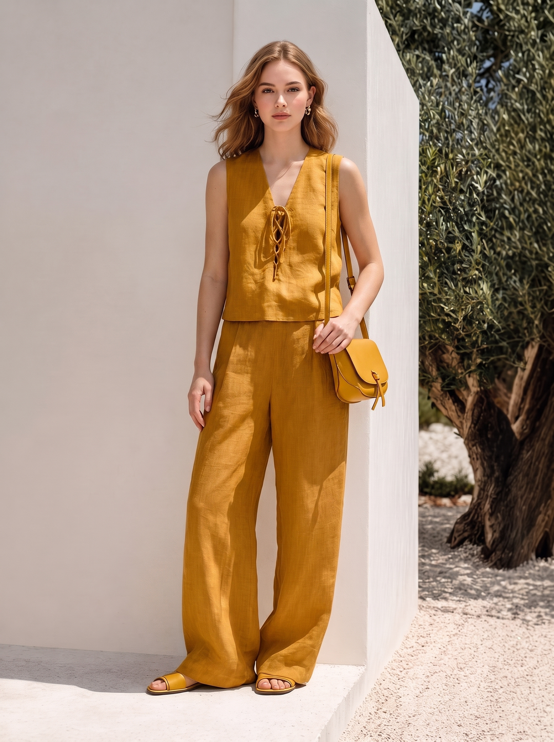 Mühelose Sommerbrise: Das Leinen-Look Hose-mit-Bindegürtel Set