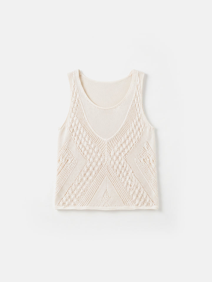 The Santorini Pointelle Faux-Layer Vest — Linen-Lyocell Open-Knit Sleeveless Top