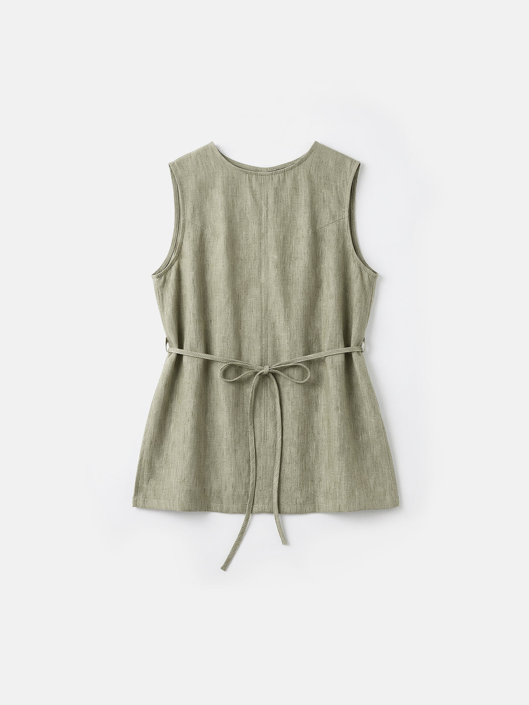 Effortless Pure Linen Sleeveless Tunic — Yarn-Dyed Mid-Length Vest with Self-Tie Waist &amp; Side Slits