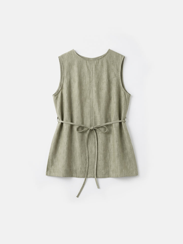 Effortless Pure Linen Sleeveless Tunic — Yarn-Dyed Mid-Length Vest with Self-Tie Waist &amp; Side Slits