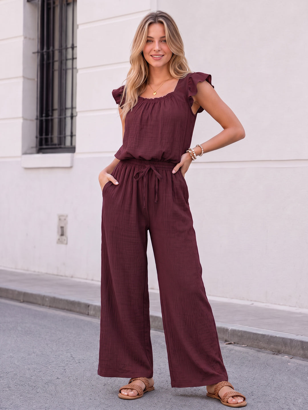 Square Neck Ruffle Jumpsuit Sleeveless Romper with Pockets