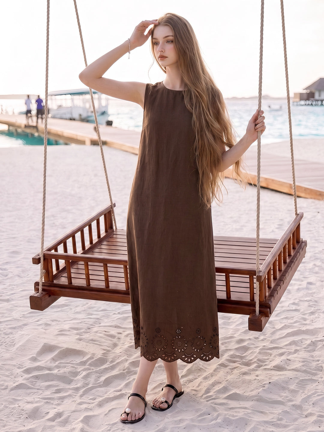 Vintage Brown Linen Sleeveless Maxi Dress with Scalloped Eyelet Embroidered Hem