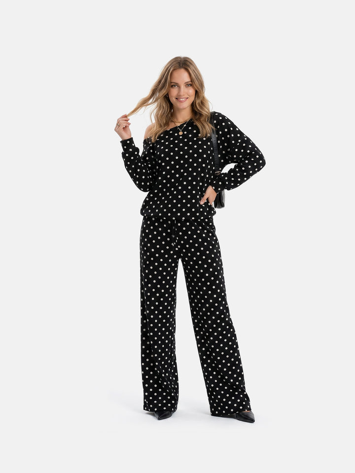 Retro Polka Dot Off-Shoulder Lounge Set — Long Sleeve Asymmetric Top &amp; Wide-Leg Drawstring Pants