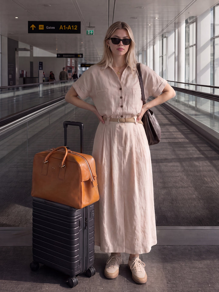 Pink Lyocell Linen Short Sleeve Shirt Dress with Pockets and Brown Belt