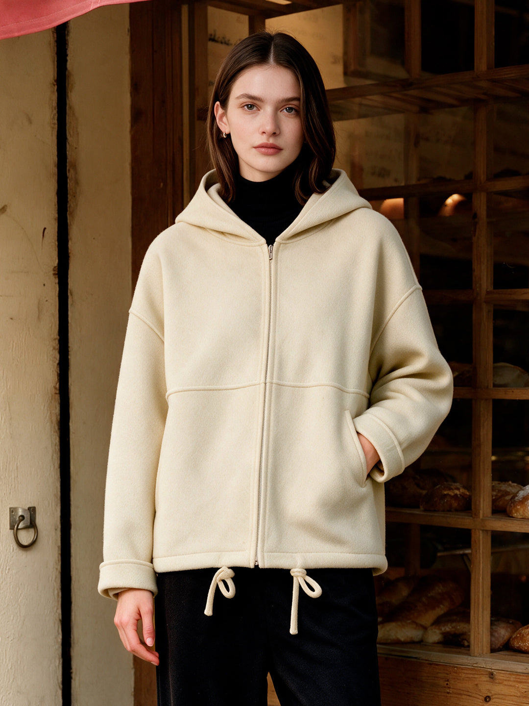 Hooded Double Sided Silk and Wool Blend Pullover Women Coat