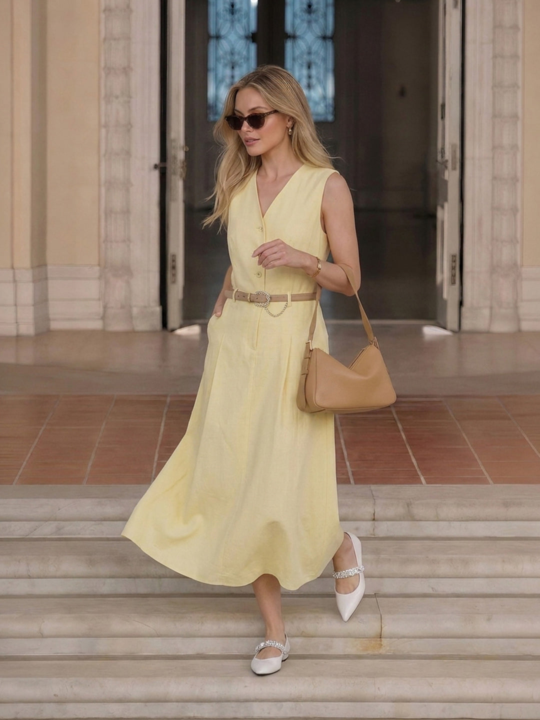 Butter Yellow V Neck Sleeveless Button Front Belted Midi Dress