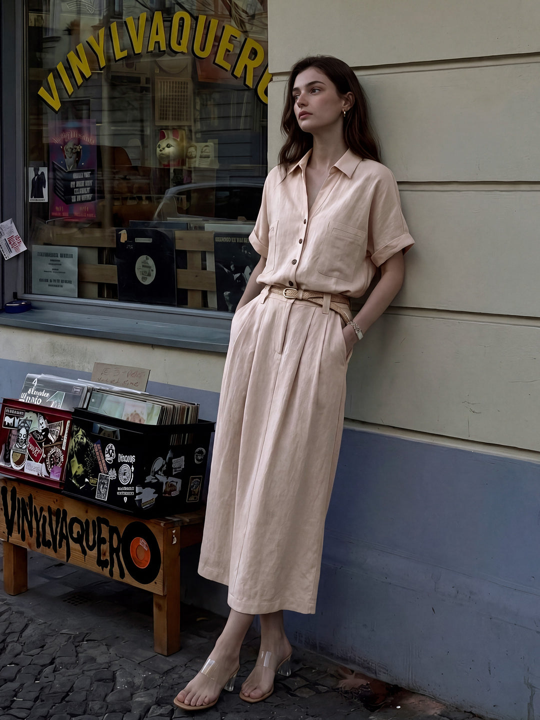 Rosa Lyocell-Leinen-Hemdkleid mit kurzen Ärmeln, Taschen und braunem Gürtel