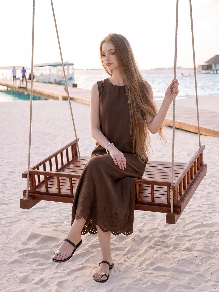 Vintage Brown Linen Sleeveless Maxi Dress with Scalloped Eyelet Embroidered Hem