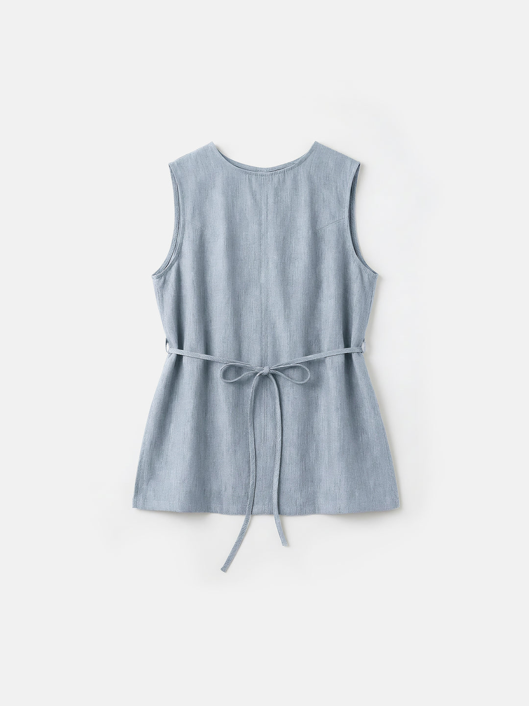 Effortless Pure Linen Sleeveless Tunic — Yarn-Dyed Mid-Length Vest with Self-Tie Waist &amp; Side Slits