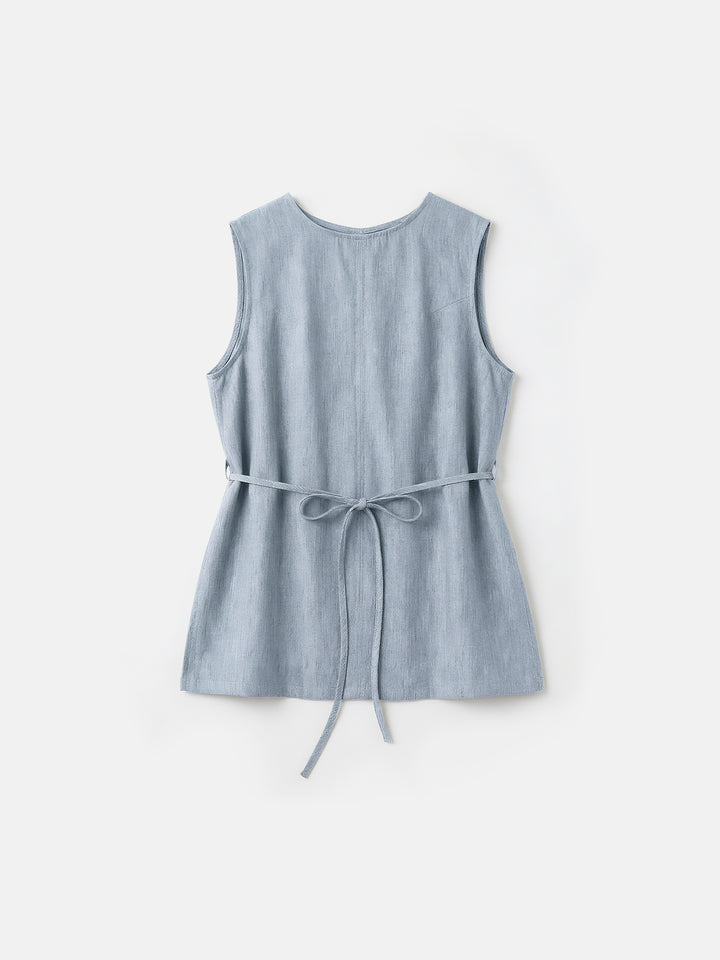 Effortless Pure Linen Sleeveless Tunic — Yarn-Dyed Mid-Length Vest with Self-Tie Waist &amp; Side Slits