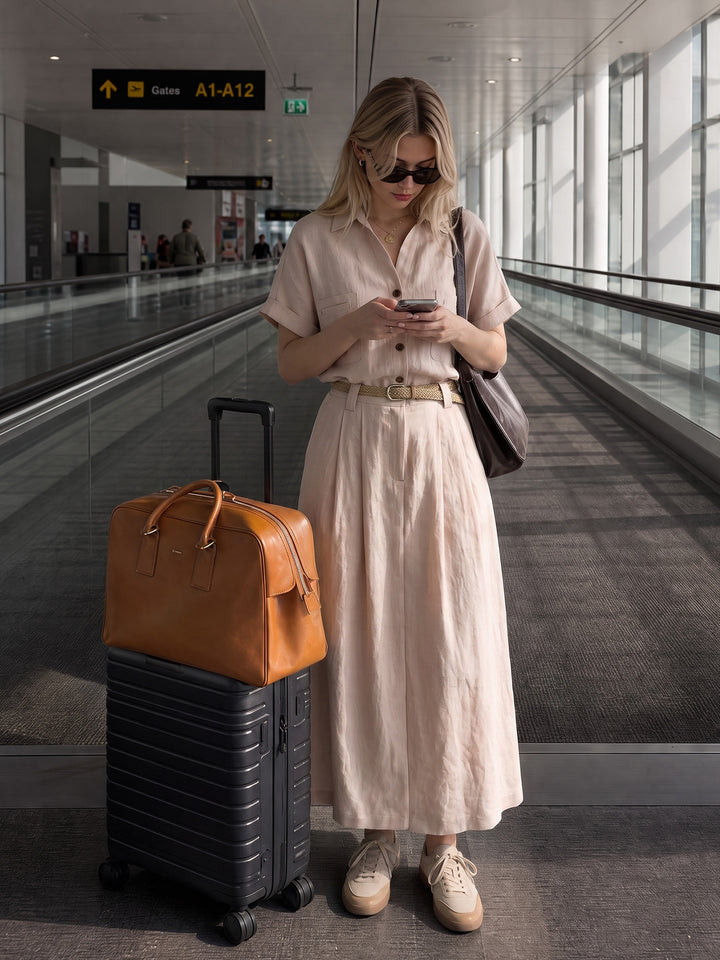 Pink Lyocell Linen Short Sleeve Shirt Dress with Pockets and Brown Belt