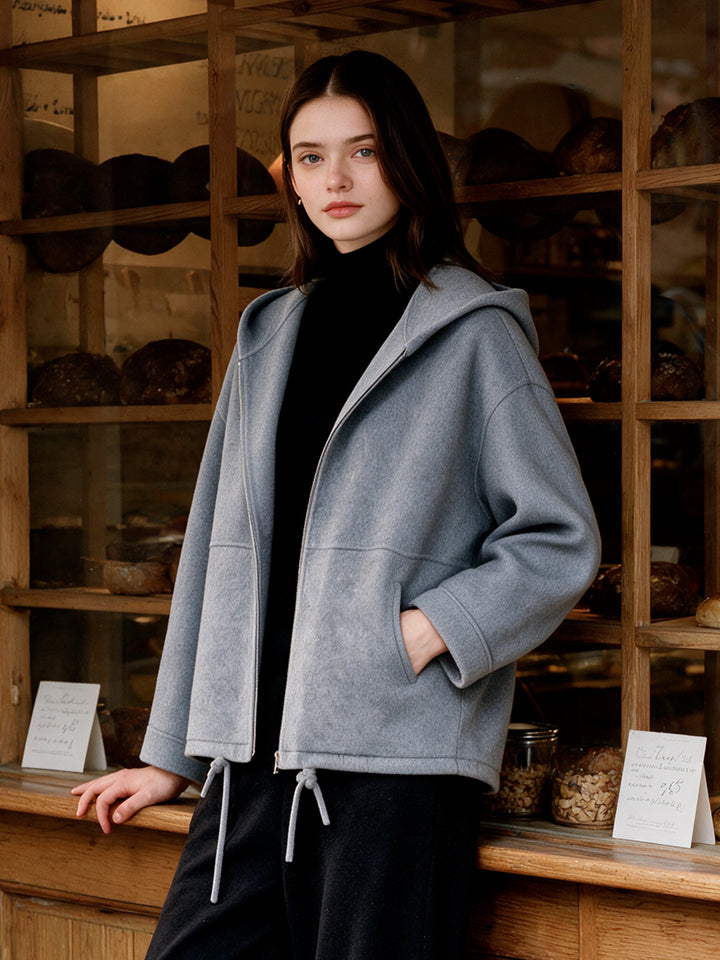 Hooded Double Sided Silk and Wool Blend Pullover Women Coat