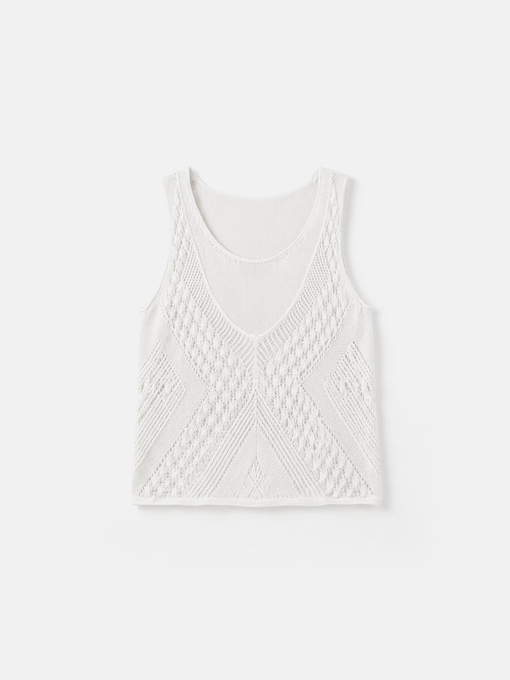 The Santorini Pointelle Faux-Layer Vest — Linen-Lyocell Open-Knit Sleeveless Top