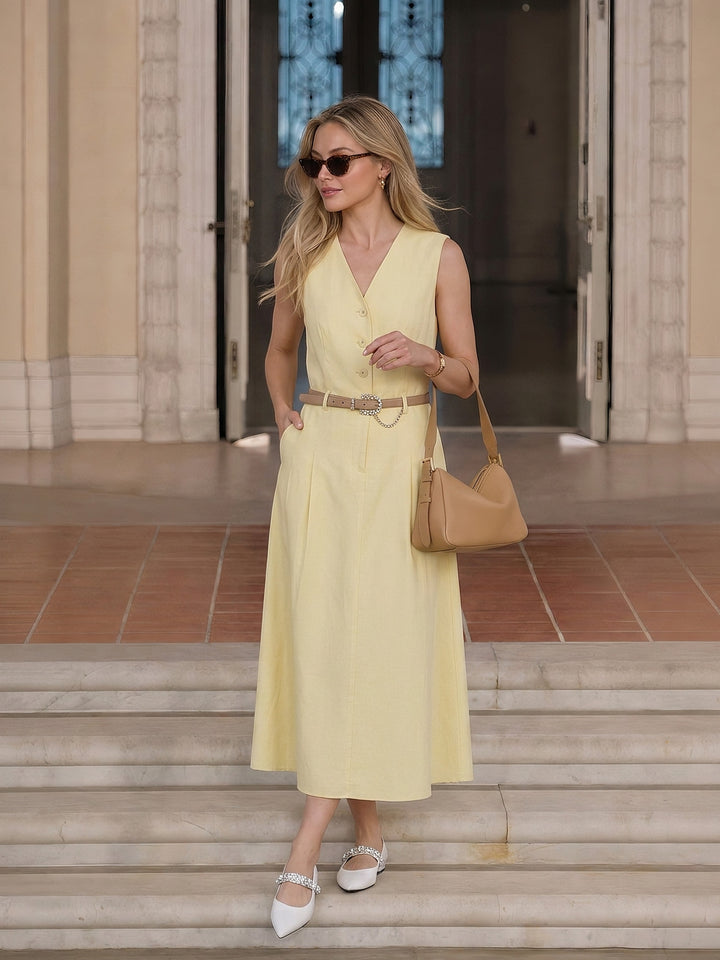 Butter Yellow V Neck Sleeveless Button Front Belted Midi Dress