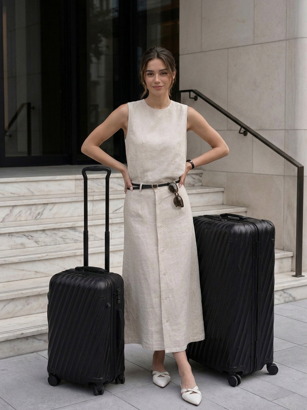 Linen Textured Crew Neck Sleeveless Top Button Front A Line Midi Skirt Two Piece Set