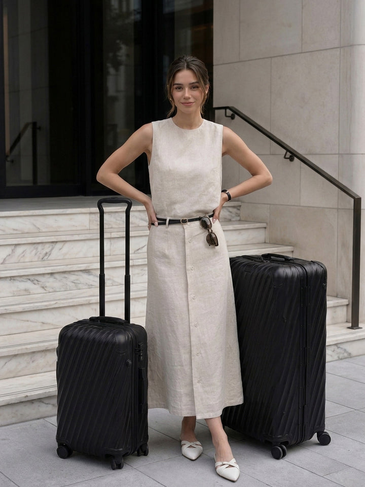 Linen Textured Crew Neck Sleeveless Top Button Front A Line Midi Skirt Two Piece Set