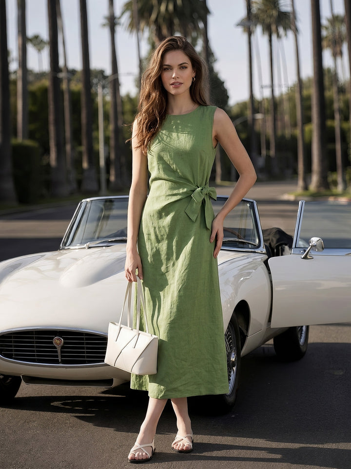 Sage Green Linen Sleeveless Midi Dress with Side Bow Tie Waist and Back Zip