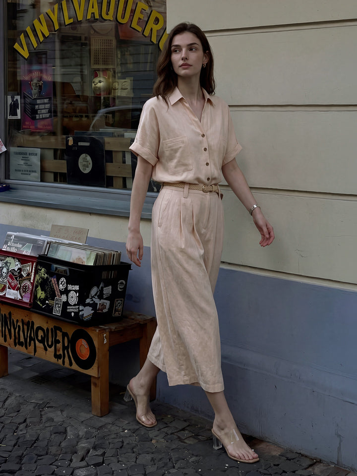 Rosa Lyocell-Leinen-Hemdkleid mit kurzen Ärmeln, Taschen und braunem Gürtel