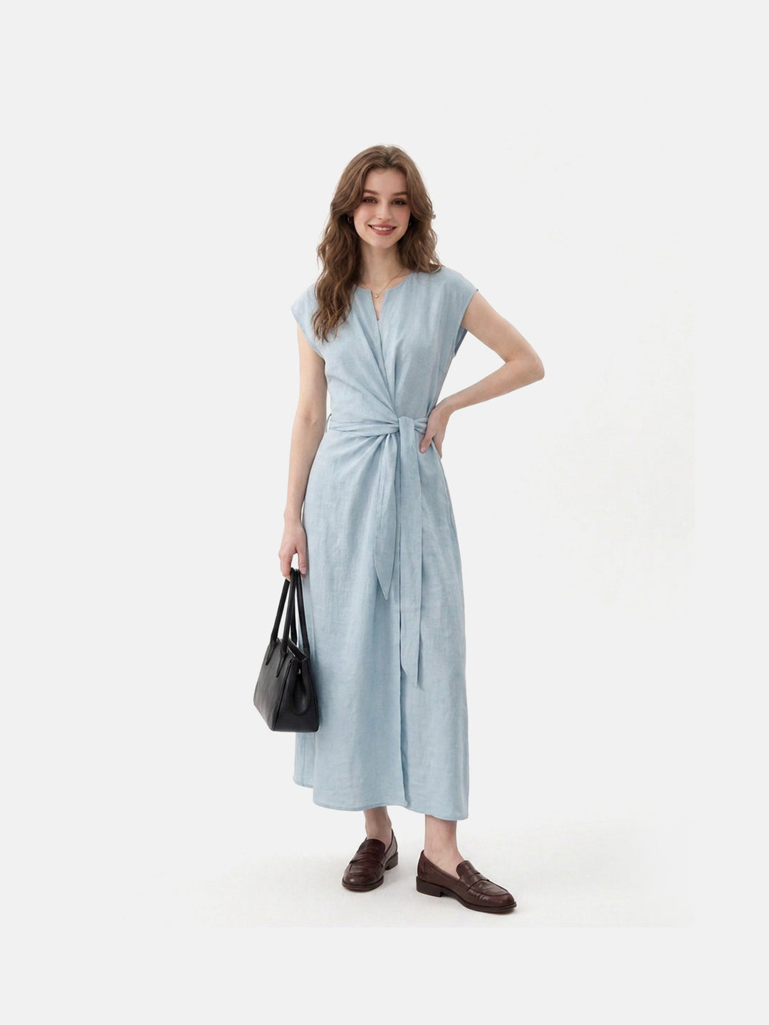 Robe midi en Tencel et lin avec ceinture à nouer — Robe d&