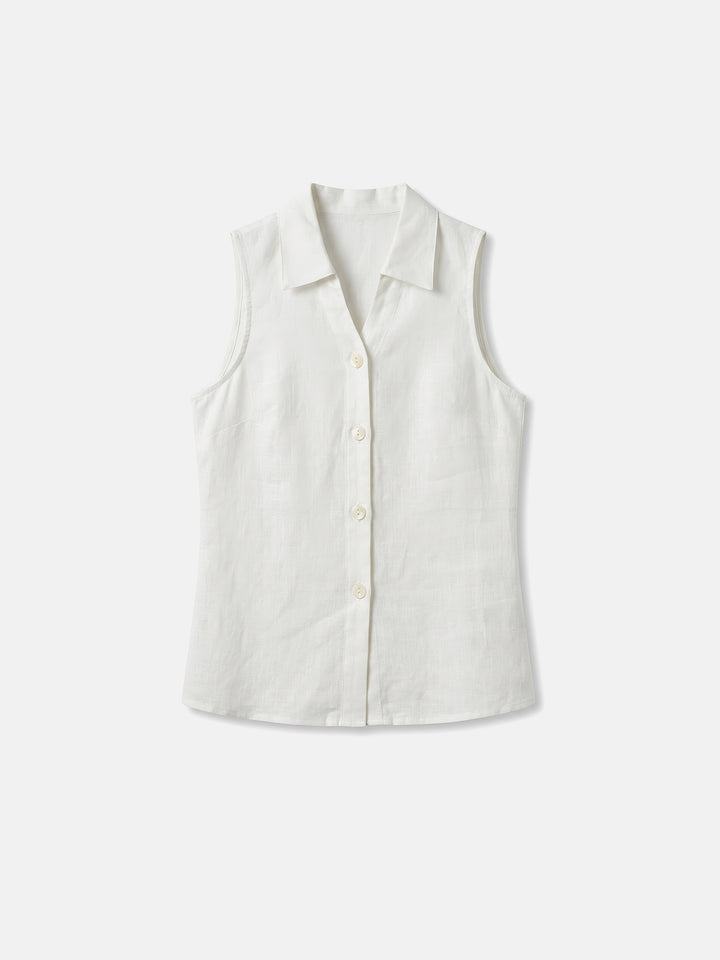The Montauk 100% Pure Linen Sleeveless Vest — Refined V-Neck Lapel Shell Top