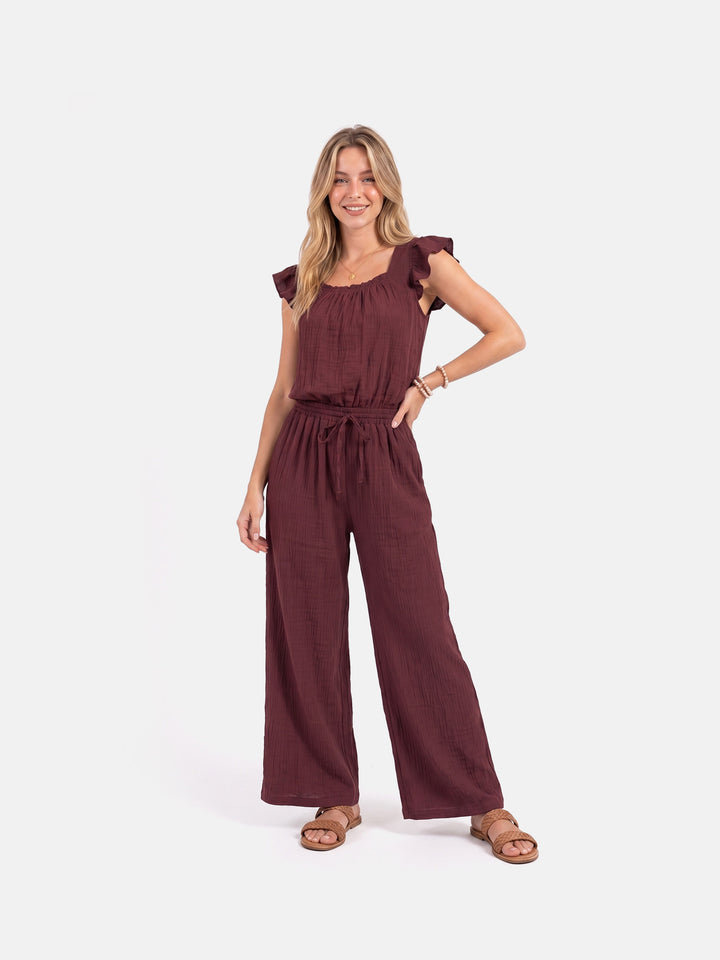 Square Neck Ruffle Jumpsuit Sleeveless Romper with Pockets