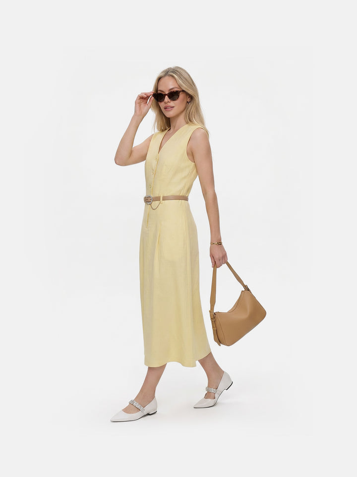Butter Yellow V Neck Sleeveless Button Front Belted Midi Dress