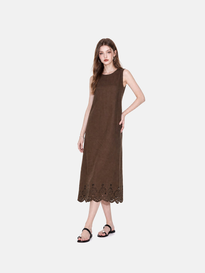 Vintage Brown Linen Sleeveless Maxi Dress with Scalloped Eyelet Embroidered Hem