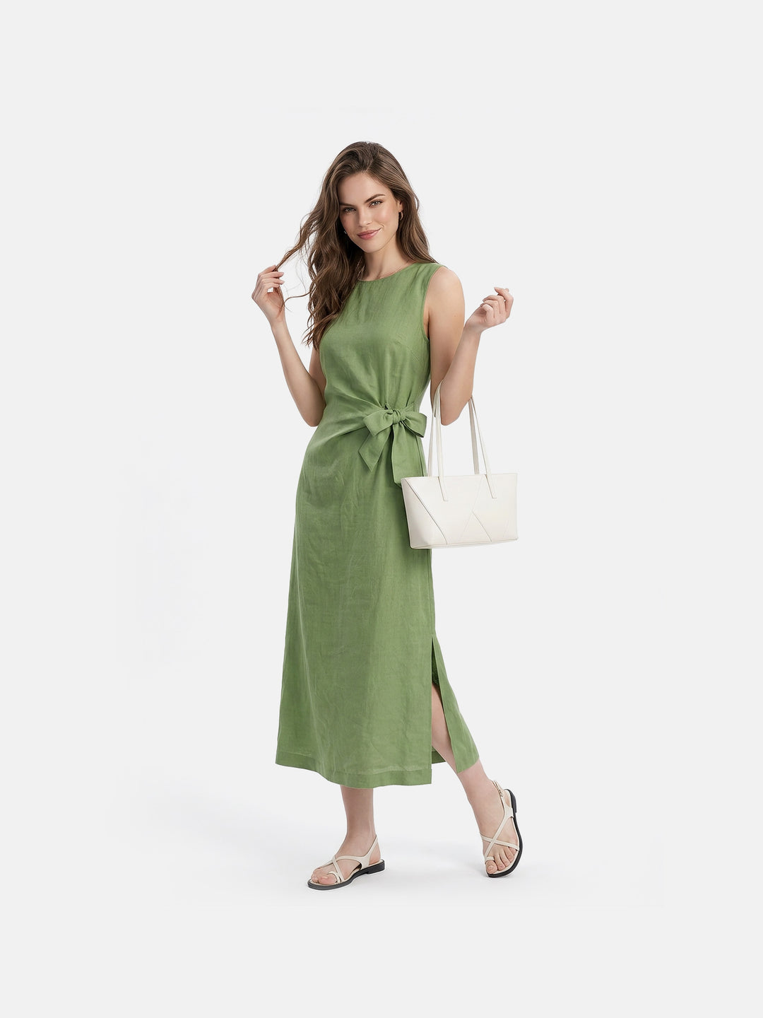 Sage Green Linen Sleeveless Midi Dress with Side Bow Tie Waist and Back Zip