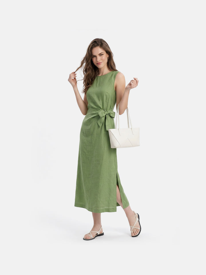 Sage Green Linen Sleeveless Midi Dress with Side Bow Tie Waist and Back Zip