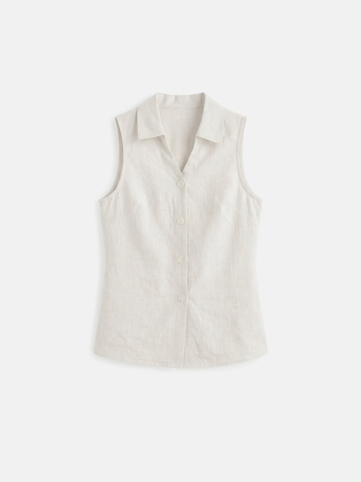 The Montauk 100% Pure Linen Sleeveless Vest — Refined V-Neck Lapel Shell Top