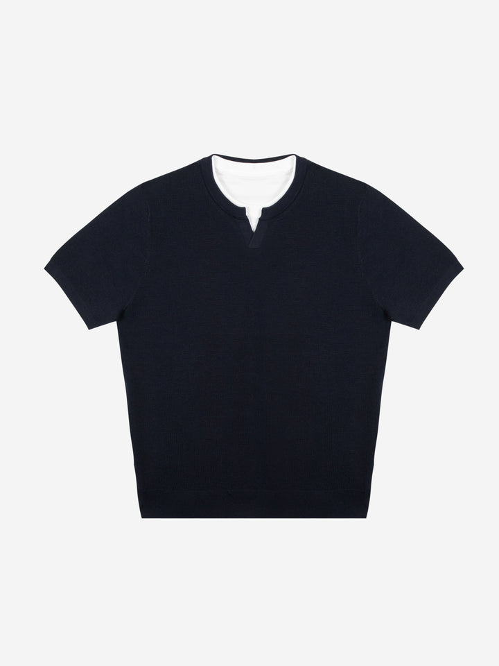 Premium Lyocell Silk Blend Knit T-Shirt Luxury Layered Henley V Neck Summer Knitwear for Men