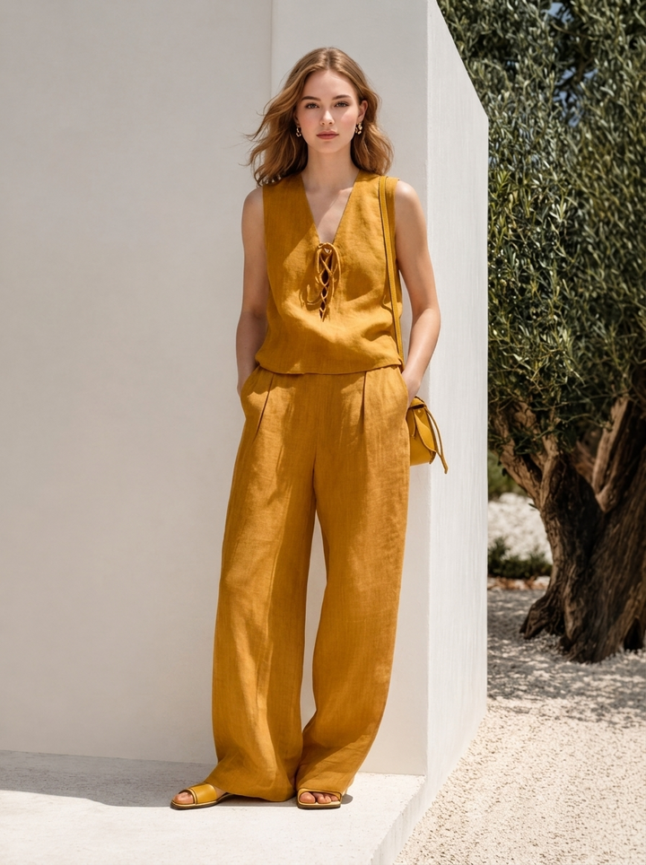 Mühelose Sommerbrise: Das Leinen-Look Hose-mit-Bindegürtel Set