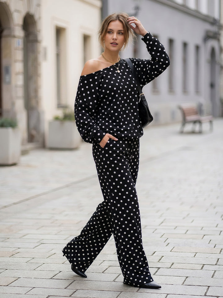 Retro Polka Dot Off-Shoulder Lounge Set — Long Sleeve Asymmetric Top &amp; Wide-Leg Drawstring Pants