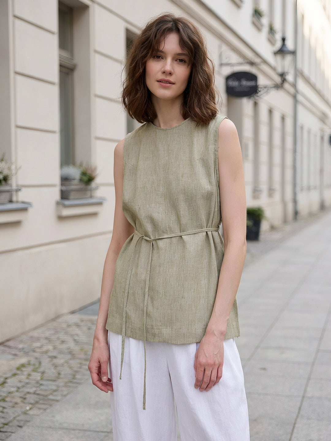 Effortless Pure Linen Sleeveless Tunic — Yarn-Dyed Mid-Length Vest with Self-Tie Waist &amp; Side Slits
