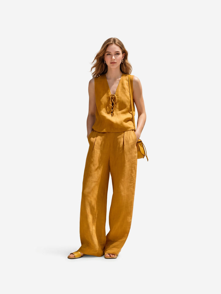 Mühelose Sommerbrise: Das Leinen-Look Hose-mit-Bindegürtel Set