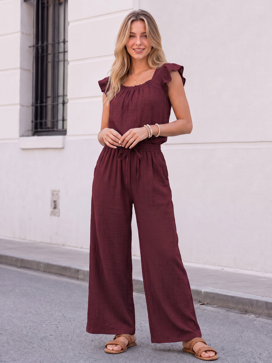 Square Neck Ruffle Jumpsuit Sleeveless Romper with Pockets
