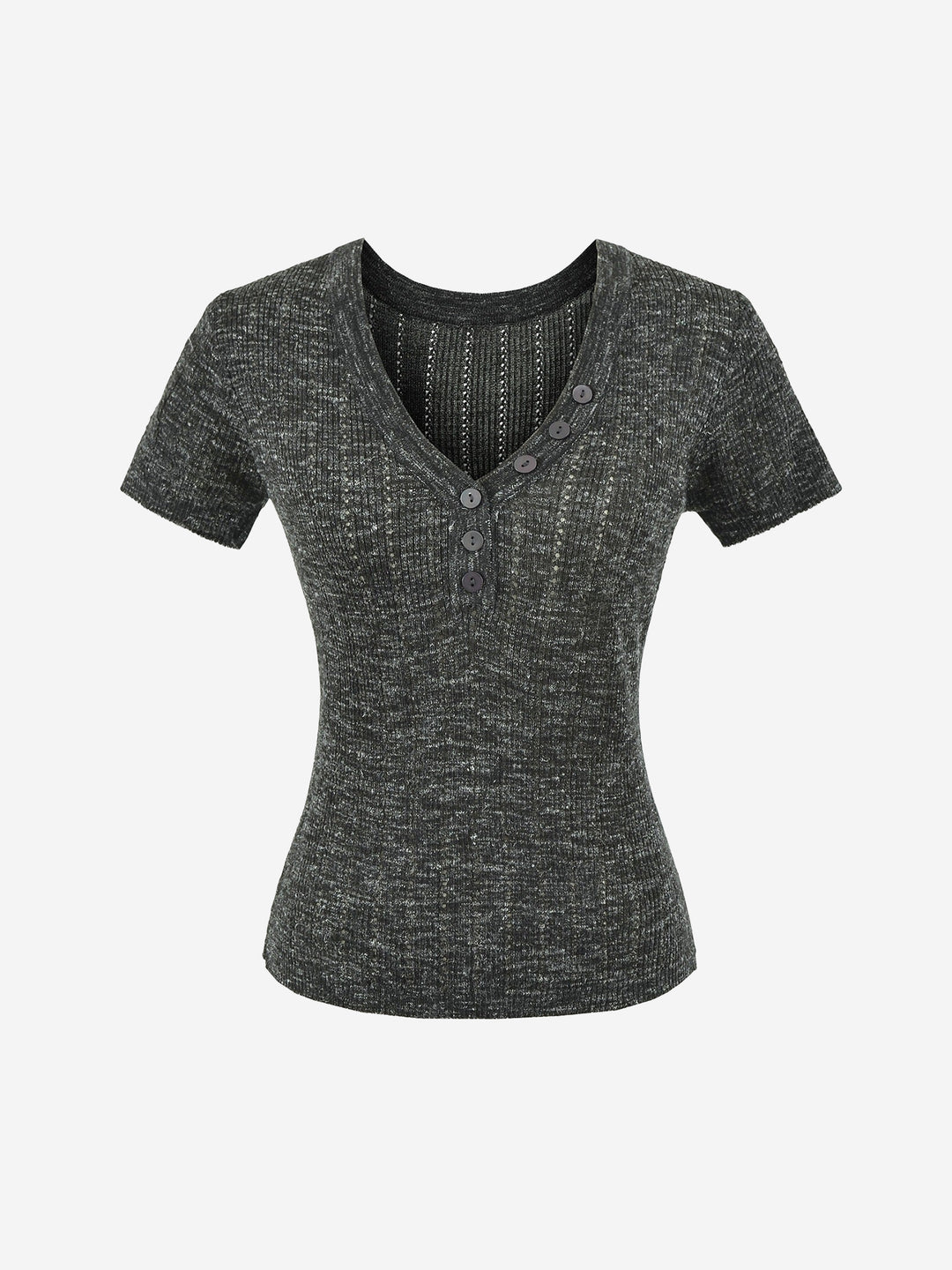 Damen Henley V-Ausschnitt Kurzarm-Strickoberteil
